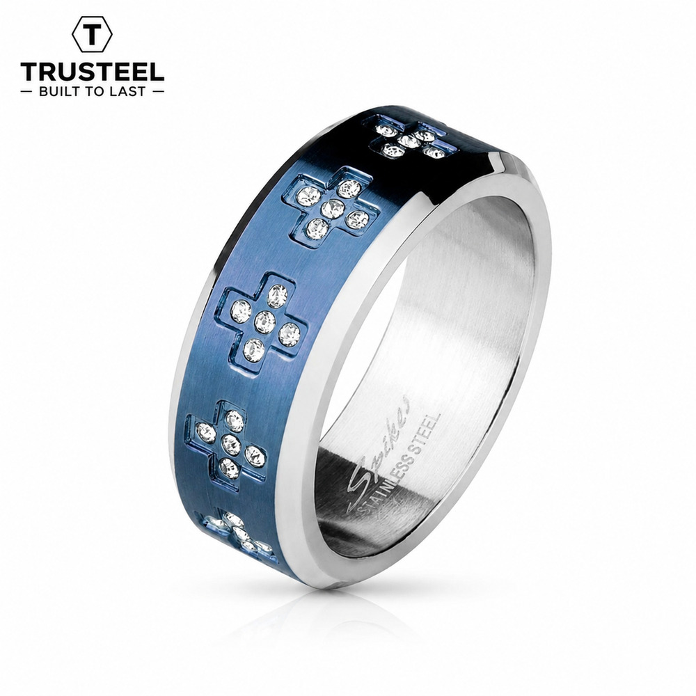 Men’s 316L Stainless Steel Ring cubic zirconia cross blue silver Size 12